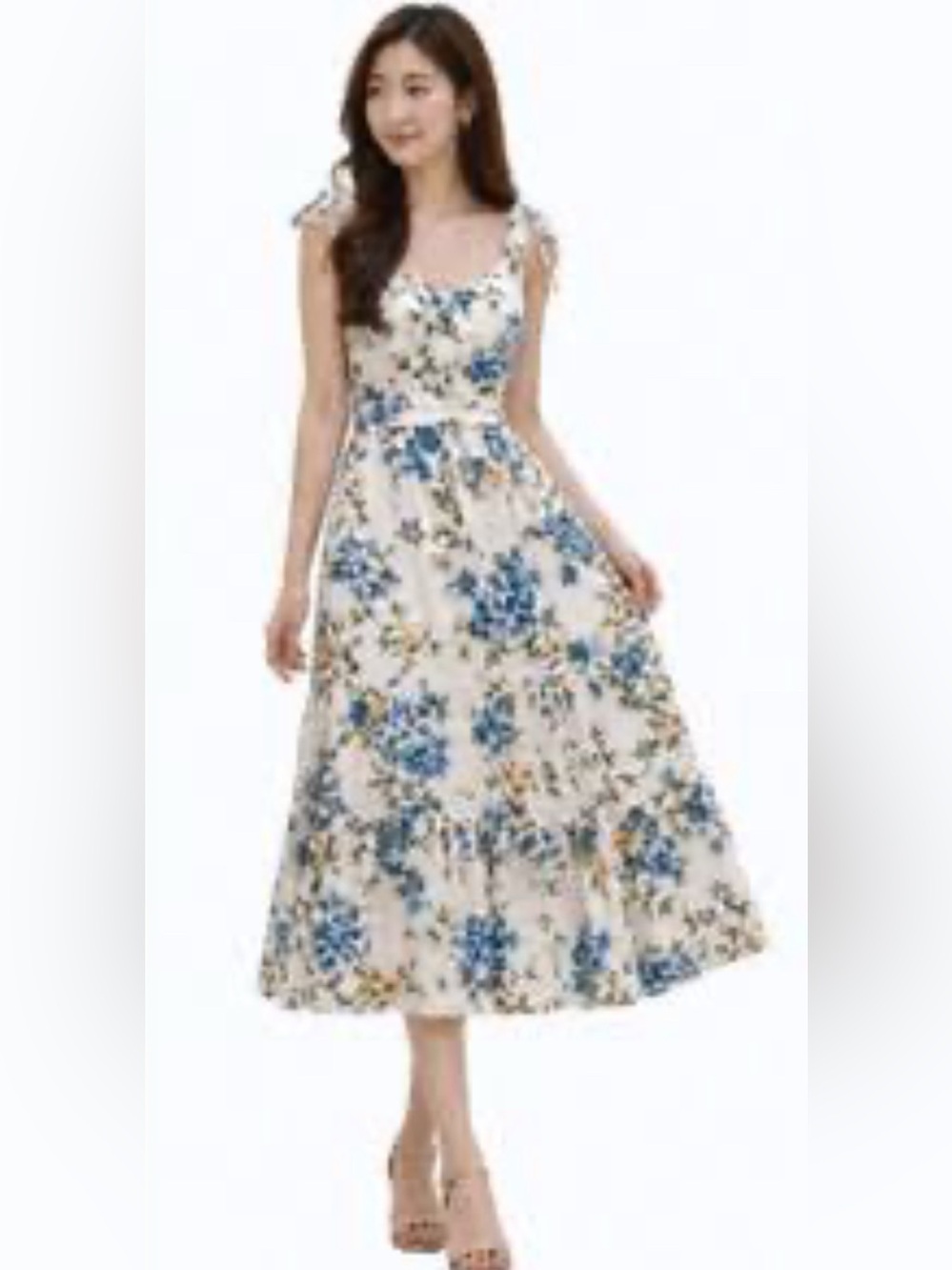 Floral Tie-Shoulder Maxi Dress in White, Blue & Yellow